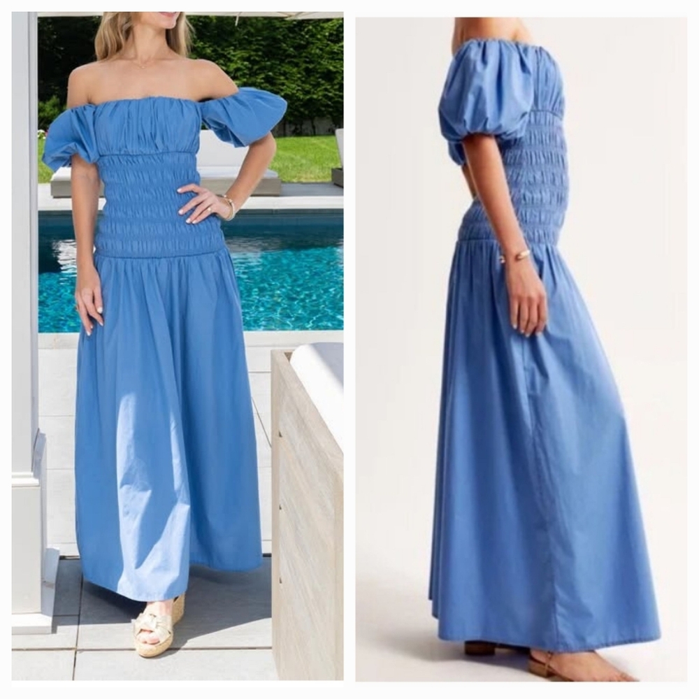 Abercrombie & Fitch Smocked Drop Waist Maxi Dress Puff Sleeve Event Holiday NWT - Picture 8 of 8